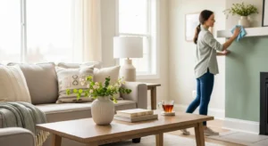 Person cleaning a bright and tidy living room in a modern residential home