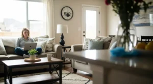 Person working on a laptop in a bright, tidy living room of a well-kept residential home