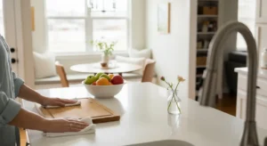 Person tidying a bright residential kitchen countertop with a bowl of fresh fruit and natural light filling the room