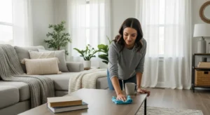 Homeowner wiping a coffee table in a bright and tidy living room with cozy home decor