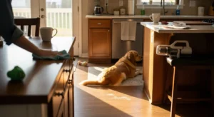 Homeowner wiping a kitchen counter while a dog rests on the floor in a clean, sunlit residential space
