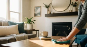 Person wiping a coffee table in a bright and tidy residential living room with sunlight streaming through windows