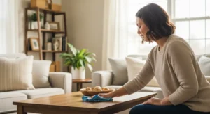 woman dusting a wooden coffee table in a bright and tidy living room