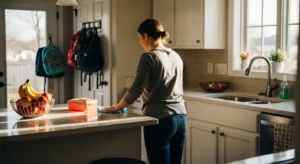Person wiping a kitchen countertop in a bright residential home with backpacks and lunch supplies nearby