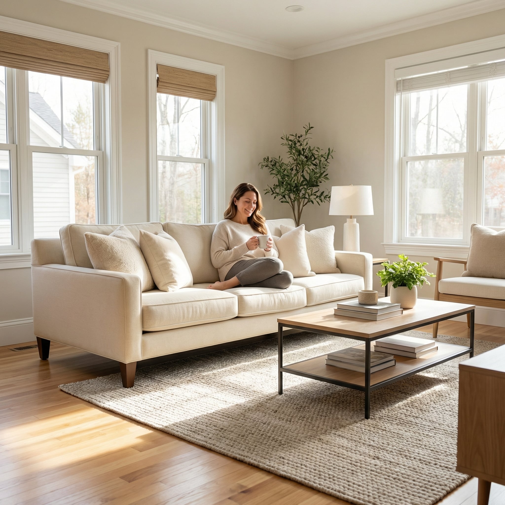 Homeowner relaxing on a clean living room sofa in a bright, well-kept home