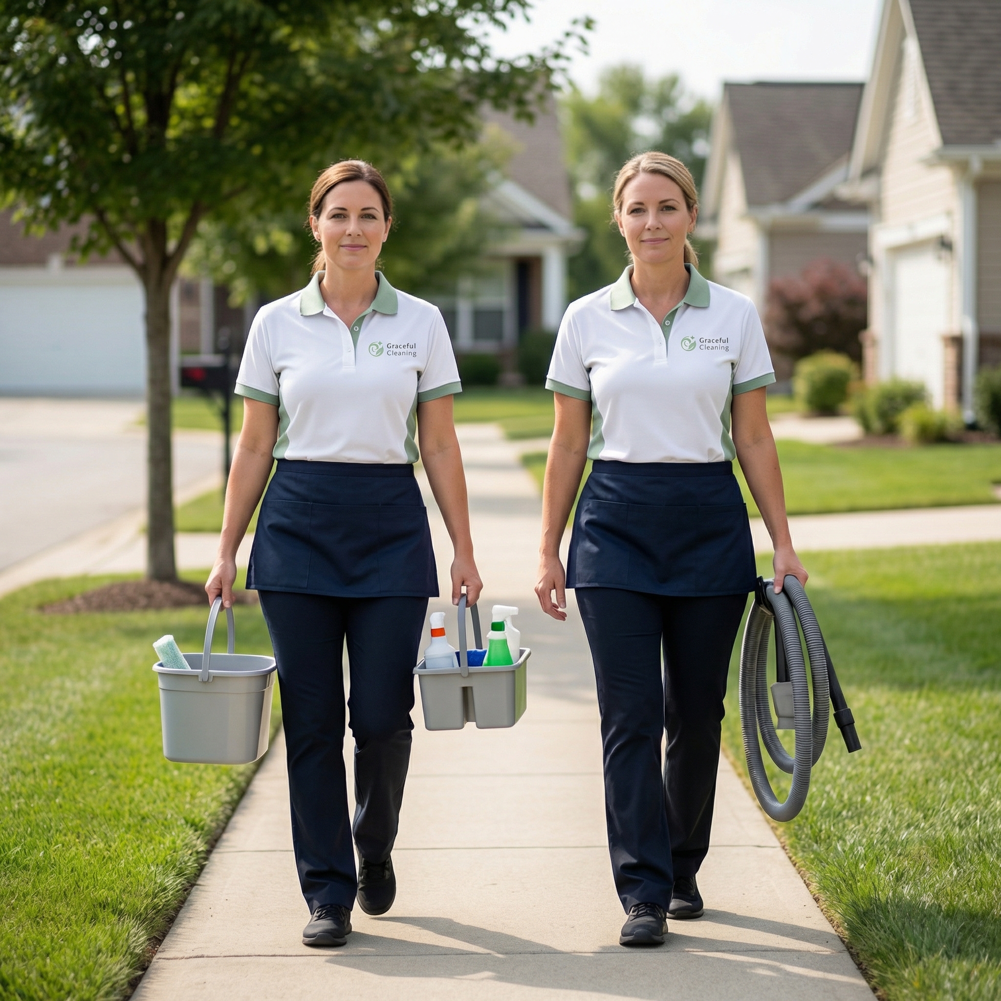 Two Graceful Cleaning professionals walking in a residential neighborhood carrying cleaning supplies