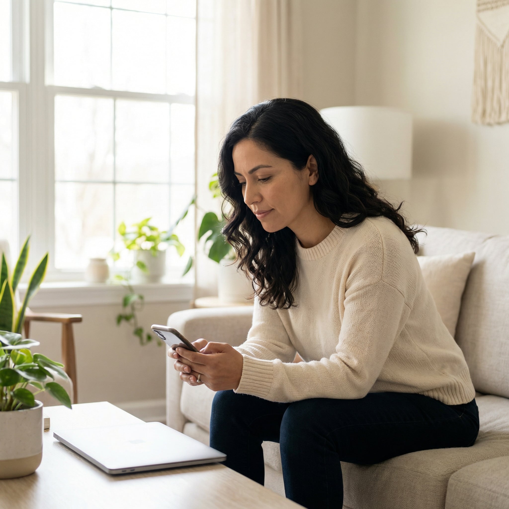 Homeowner using a smartphone to request residential house cleaning from her living room